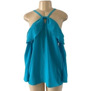 CeCe Blue Teal Open Ruffle‎ Halter Off-The-Shoulder Boho Bell Sleeve Top
